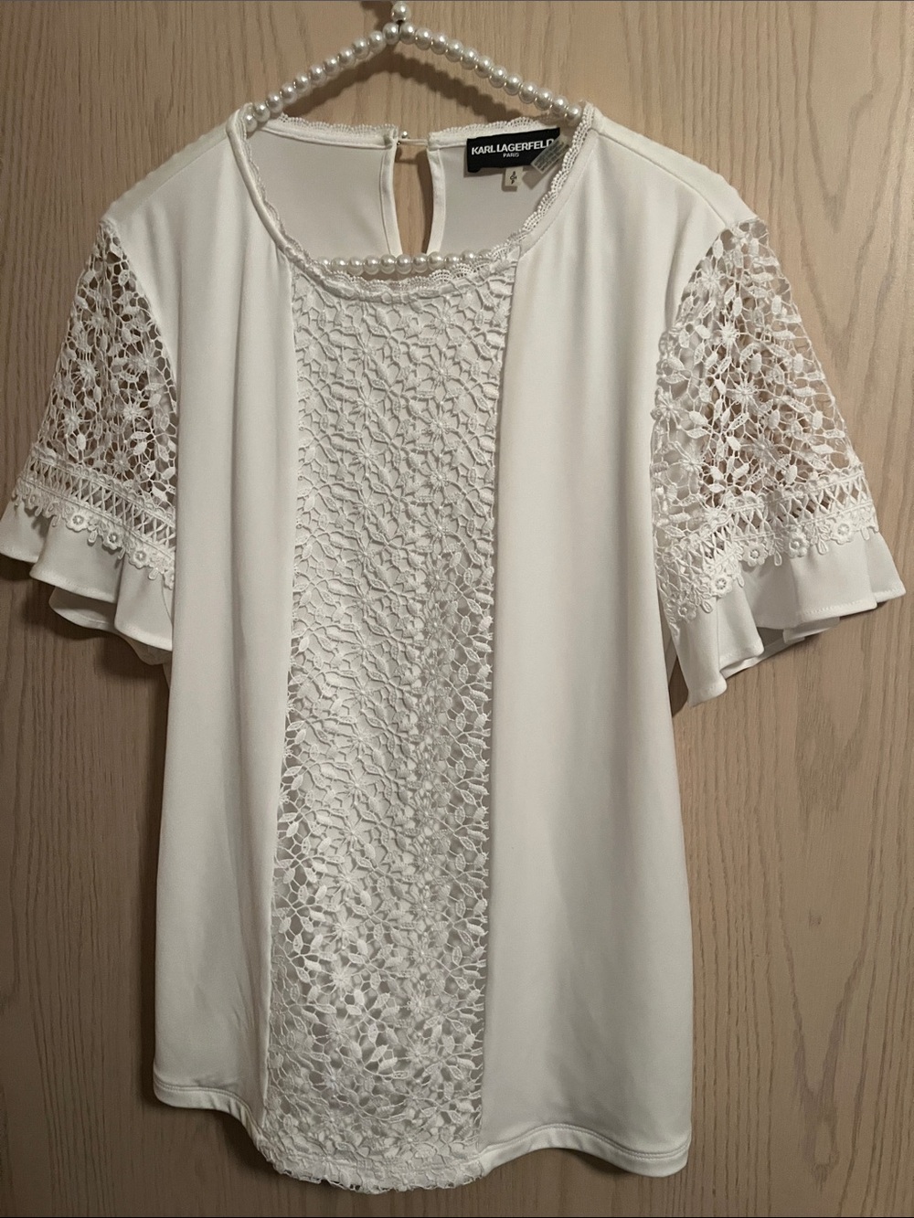 Karl Lagerfeld Cream Lace-Inset Ruffle Sleeve Blouse